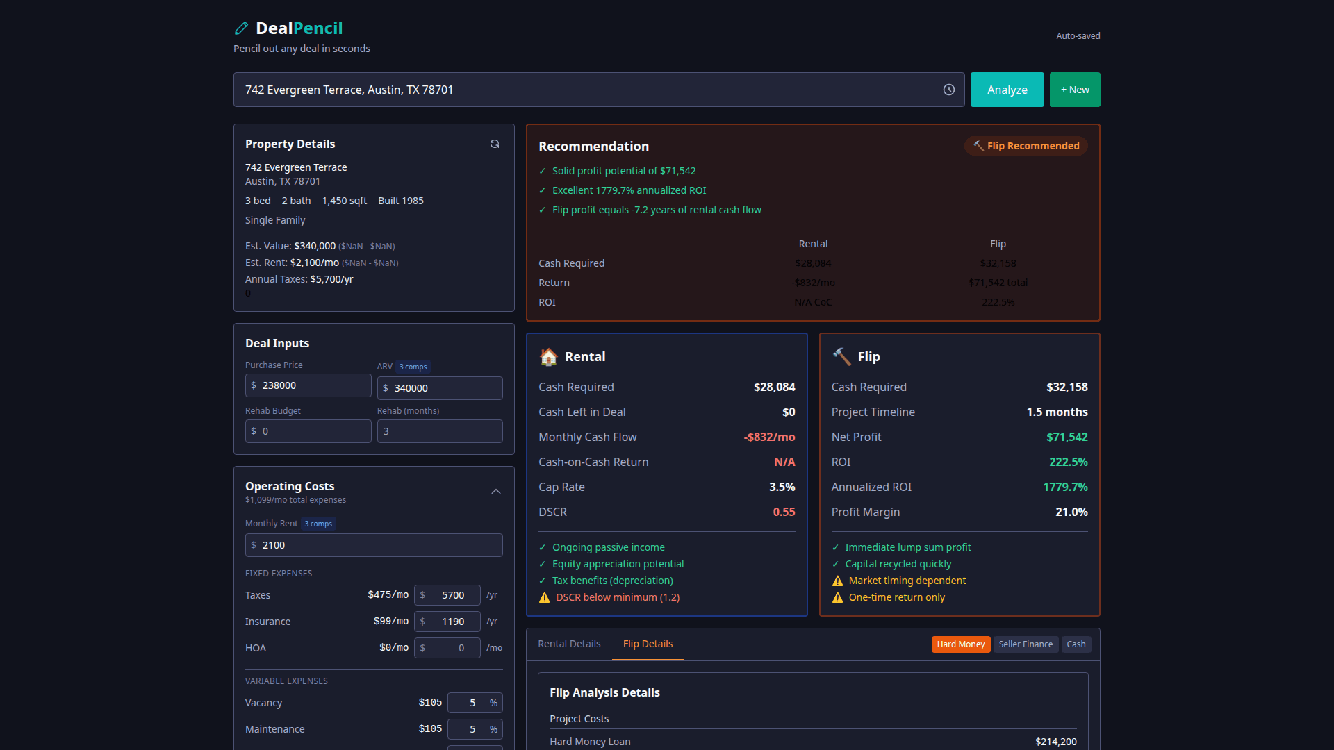 DealPencil calculator showing rental and flip analysis